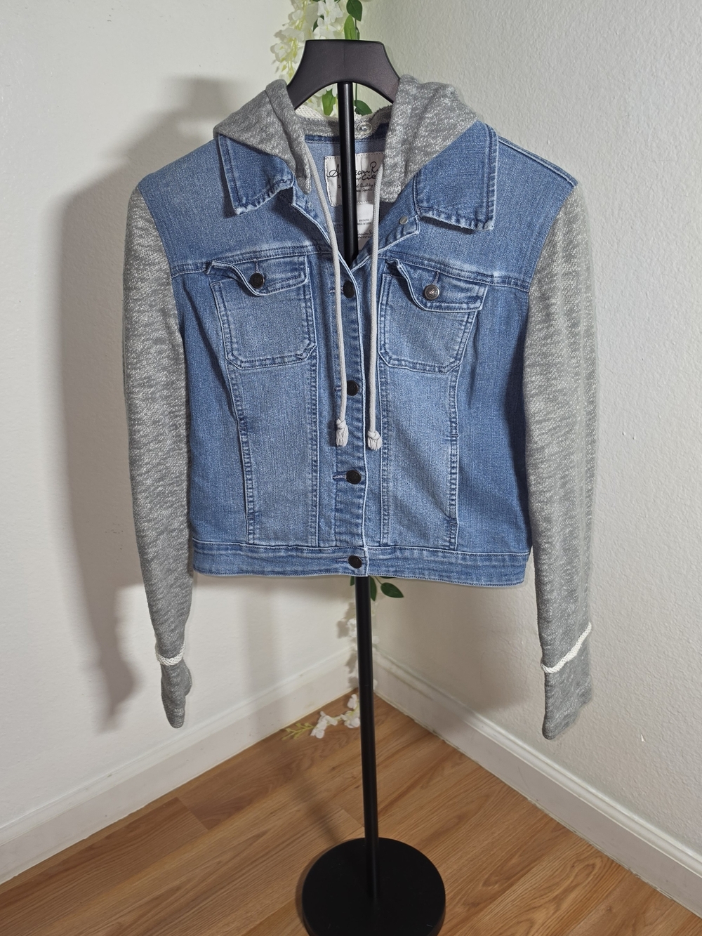 American Rag Blue Denim Jacket with Gray Hooded Sleeves